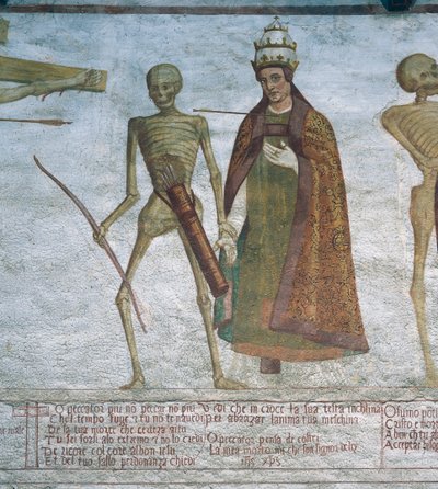Smrt žádá papeže o tanec, detail z Tanec smrti od Simone II Baschenis
