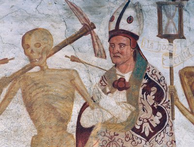Biskup a smrt, detail z Tanec smrti od Simone II Baschenis