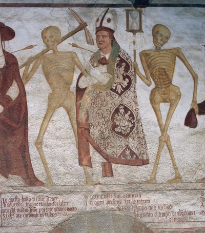 Biskup a smrt, detail z Tanec smrti od Simone II Baschenis