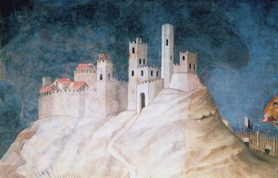 Připomínka Guidoriccia da Fogliana při obléhání Montemassi, detail pevnosti Montemassi, ze Sala del Mappamondo, 1328 od Simone Martini