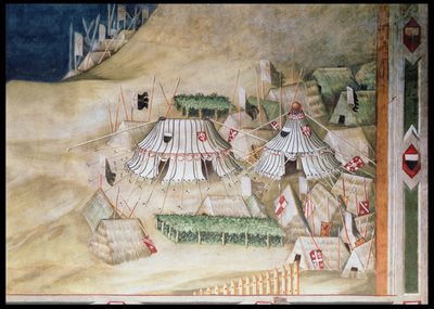Připomínka Guidoriccia da Fogliana při obléhání Montemassi, detail vojenského tábora, ze Sala del Mappamondo, 1328 od Simone Martini