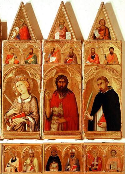 Svatá Kateřina Alexandrijská, svatý Jan Křtitel, svatý Petr z Verony. Detail polyptychu Svaté Kateřiny Alexandrijské (tempera a zlato na dřevě od Simone Martini