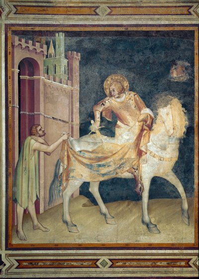 Svatý Martin se dělí o svůj kabát s žebrákem. Freska od Simone Martini (1282-1344). 1315. Dolní bazilika svatého Františka z Assisi, kaple svatého Martina. Sedni si. od Simone Martini