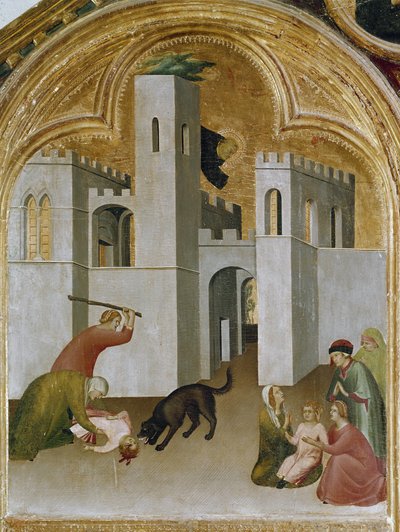Zázrak dítěte chňapne mezi tesáky vlka. Část triptychu Historie poustevníka svatého Augustina (tempera na dřevě od Simone Martini