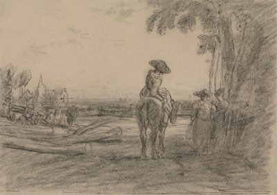 Žena na koni se dvěma stojícími ženami s výhledem na krajinu od Sir Augustus Wall Callcott