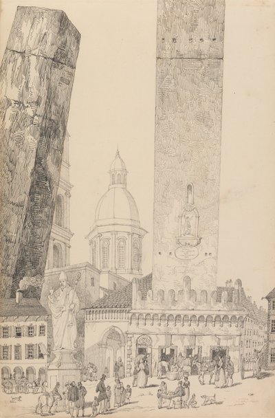 Album 30 pohledů v Tyrolsku a Itálii: Šikmé věže, Socha sv. Františka, Bologna 12. listopadu 1840 od Sir Charles D