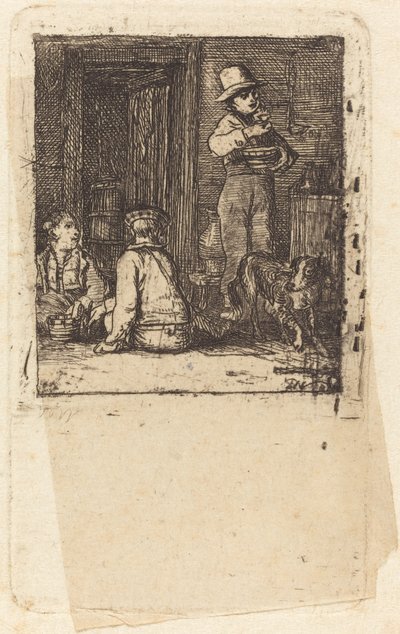 Interiér se třemi chlapci a psem od Sir David Wilkie