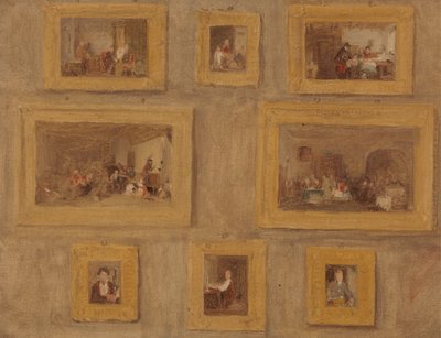 Jediné dítě; Židovská harfa; Uříznutý prst; Hra na slepou bábu; Den pronájmu; Scotch Piper; Prieu-Dieu; a autoportrét: skica osmi obrazů zarámovaných a zavěšených na zdi od Sir David Wilkie