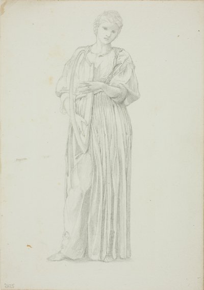 Zahalená postava ženy hrající na harfu od Sir Edward Burne Jones