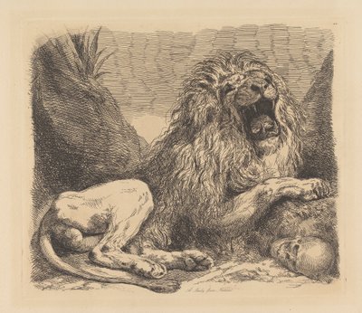 Studie z přírody; lev mezi kameny, řvoucí, lidská lebka vpravo dole od Sir George Hayter