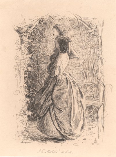 Šťastný jarní čas. Žena a dítě při pohledu na ptáka v hnízdě. od Sir John Everett Millais