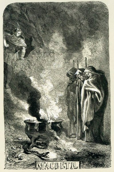 Macbeth na návštěvě tří čarodějnic na rozbitém vřesovišti, 1858 od Sir John Gilbert
