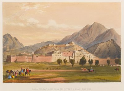 Bala Hissar a palác Schah, Caubul (barevná litografie) od Sir Keith A. Jackson