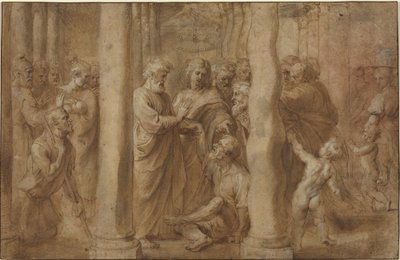 Zázrak chromého uzdraveného svatým Petrem a svatým Janem od Sir Peter Paul Rubens over Anonymous Italian after Parmigianino after Raphael