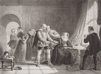 Mary Queen of Scots (1542-87) nucena podepsat svou abdikaci na zámku Lochleven v roce 1567, z „Ilustrace anglické a skotské historie“ Volume I od Sir William Allan