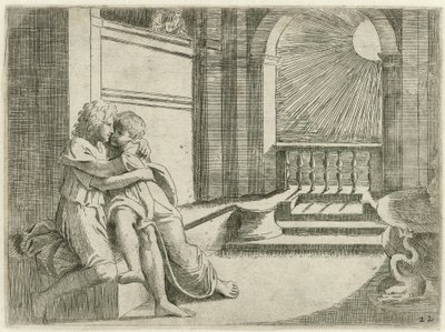 Abimelech ziet Isaak Rebekka liefkozen Bijbelse scènes (název série) Historia del Testamento Vecchio / Maloval v Římě ve Vatikánu Raffaelle di Urbin (...) (název série) od Sisto Badalocchio