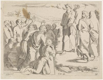 Mojžíš ukazuje lidem tabulky zákona Biblické scény (název série) Historia del Testamento Vecchio / Dipinta in Roma nel Vaticano da Raffaelle di Urbino (...) (název série) od Sisto Badalocchio