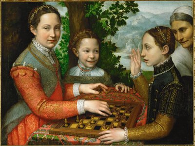 Šachová partie, do které jsou zapojeny tři malířovy sestry a sluha. od Sofonisba Anguissola