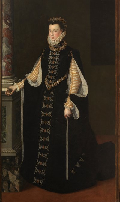 Španělsky: Isabel de Valois sosteniendo un retrato de Felipe II Portrét Alžběty z Valois držící portrét Filipa II. od Sofonisba Anguissola