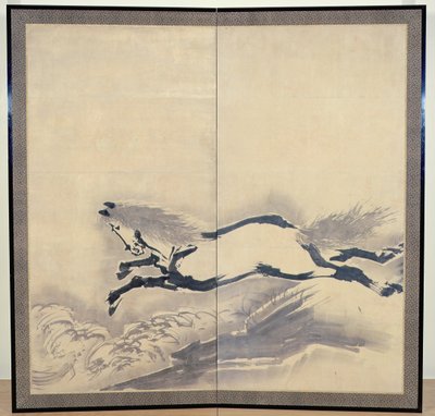 Skákání na koních, japonština, období Edo, cca 18. století (inkoust na papíře) (jeden z páru) (viz také 121396) od Soga Shohaku