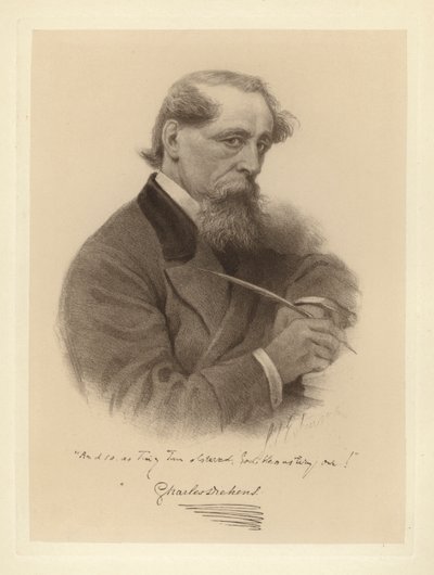 Portrét Charlese Dickense držícího pero (černobílá fotografie) od Solomon (after) Eytinge