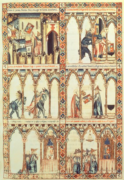 102-0002738 T.I.I. Cantiga 34, ilustrace z "Cantigas de Santa Maria", vyrobený pod vedením Alfonsa X ("Moudrý") krále Kastilie a Leonu (1221-84) (vellum) (viz také 68647) od Spanish School