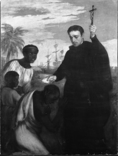 Jezuitský misionář, možná Manuel de Nobrega nebo Peter Claver, Baptizing Blacks (olej na plátně) od Spanish School