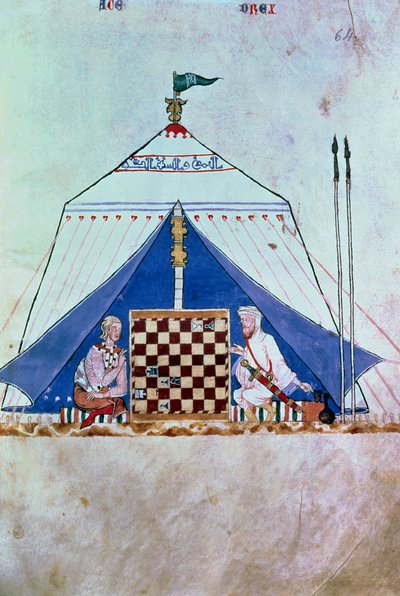 Maur a křesťan hrající šachy ve stanu z „Knihy her, šachy, kostky a hrací plochy“ od Spanish School