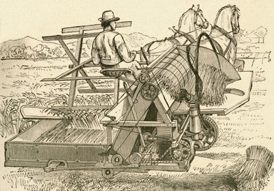 Sklízecí stroj tažený koňmi, který mechanicky svázal snopy obilí, používaný koncem 19. století. Od El Museo Popular publikoval Madrid od Spanish School