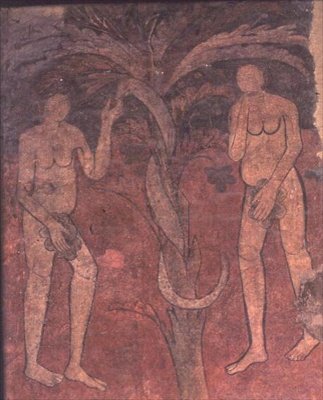 Adam a Eva, původ hříchu, nástěnná malba z Vítězného oblouku v apsidě centrální lodi, sv. Maria de Barbera (nástěnná malba) od Spanish School
