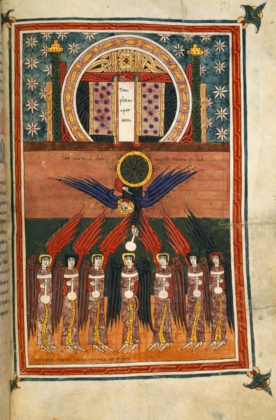 Přidat. 11695, f.172 Sedm morových andělů nesoucích ampulky vychází ze svatyně. Z apokalypsy Sil od Spanish School