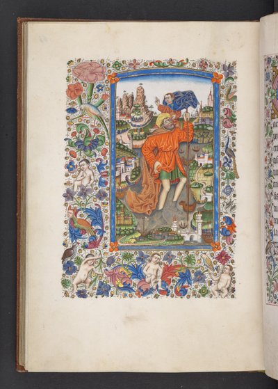 Přidat MS 50004 f.64v Svatý Kryštof nesoucí Ježíška, „Knihu hodin“ (inkoust, barva a zlato na pergamenu) od Spanish School