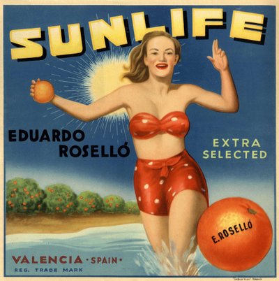 Reklama na pomeranče, obrázek ženy v plavkách. Reklamní plakát, Valencie od Spanish School
