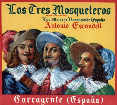 Reklamní obrázek „Tři mušketýři, nejlepší pomeranče ve Španělsku““. Reklamní plakát od Spanish School