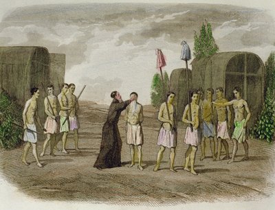 Domorodý otrok z kmene Tupinamba je pokřtěn jezuitským knězem poblíž Bahie v roce 1550 od Spanish School