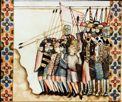 Armee des croises Detail stránky převzaté z rukopisu Písně o svaté Marii (Cantigas de Santa Maria), zdobení miniatur věnovaných svaté Marii a jejím zázrakům, sbírka písní redigovaných za vlády Alfonse X. moudrého (1221- 1284). od Spanish School