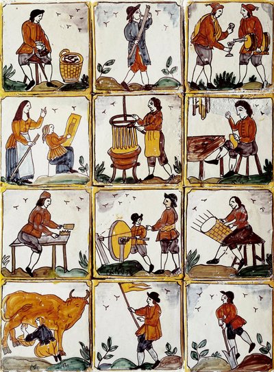 Řemeslná řemesla: obuvník, bednář, výrobce proutěných košíků, vinař, kreslíř, muzikant, dojení krav, brusič, farmář, ebenista. Katalánské keramické dlaždice (Španělsko) od Spanish School