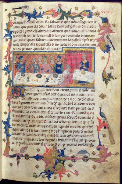 Banket pořádaný otcem Martellem pro Jakuba I. (1208-76) v Tarragoně v roce 1228, na kterém bylo dohodnuto dobytí Baleárských ostrovů, z „Libre dels Feits“ (vellum) (viz také 113569) od Spanish School
