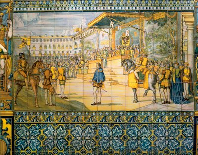 Oslavy ve Valladolidu na počest Filipa II. Španělského v květnu 1559. Dlaždice ze školy Talavera au palais de la famille Pimentel, Valladolid. od Spanish School