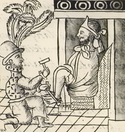 Kodex dobytí Mexika: vypuknutí války, Aztécký císař Montezuma v železech od Spanish School