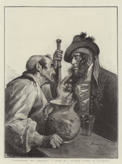"Potvrzení smlouvy", scéna ve španělské krčmě v Salamanca (rytina) od Spanish School