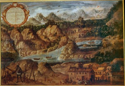 Dobytí indiánských zemí Paraguaye, zobrazení krajiny, řek a nového španělského kostela ... od Spanish School