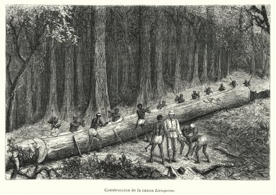 Konstrukce kánoe Livingstone, Kongo (litho) od Spanish School