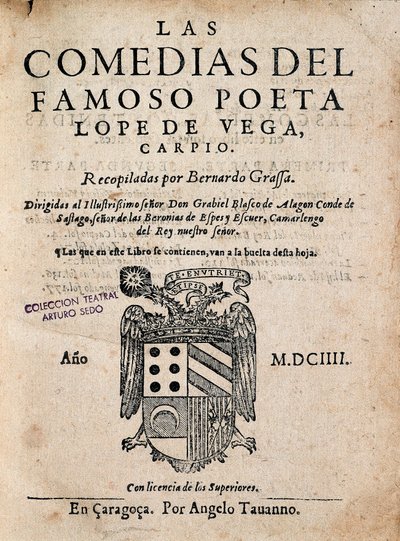 Obálka Komedie slavného básníka Lope de Vega od Felixe Lope de Vega Carpio (1562-1635), vydání z roku 1604 (tištěná monografie) od Spanish School
