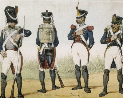 DE SOTTO, Serafin Maria, hrabě z Clonardu (1793 - 1862). Historia organica de las armas de Infanteria y Caballeria espanolas. 1851 - 1859. Pěchota za vlády Ferdinanda VII. španělského. Granátník, střelec, seržant a chasseur (1815-1820). Rytina od Spanish School