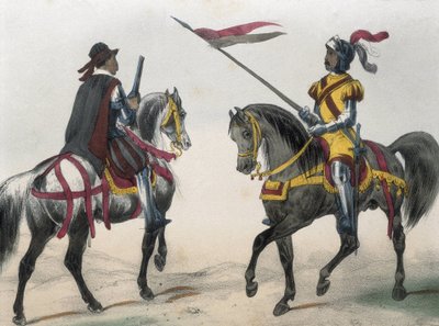 DE SOTTO, Serafin Maria, hrabě z Clonardu (1793 - 1862). Historia organica de las armas de Infanteria y Caballeria espanolas. 1851 - 1859. Jezdectvo za vlády Filipa II. španělského. "Heraldo de caballeria" (zvěstovatel zbraní) a "hombre de armas" (Ma od Spanish School