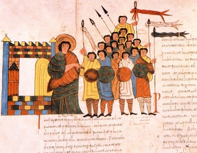 Odchod armády krále Davida do války, z Vizigótsko-mozarábské Bible svatého Isidora, fol. 131v., n. l. 960 (tempera na pergamenu) od Spanish School