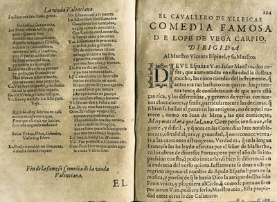 ESPINEL, Vicente (1550-1624). Španělský hudebník a klasický básník; VEGA CARPIO, Felix Lope de (1562-1635). "El cavallero de Yllescas", komedie zařazená do "Parte catorze de las comedias de Lope de Vega", sbírky vydané v Madridu vdovou po Fernanovi. od Spanish School