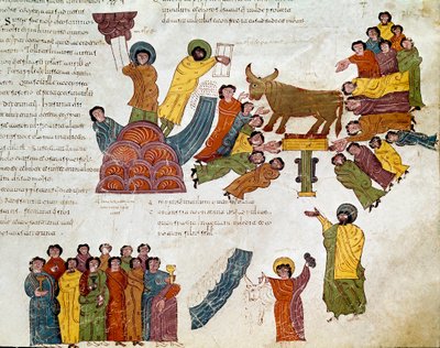 Exodus: „“klanění zlatému teleti“““ Mojžíš a stoly Zákona. Miniatura z mozarabské bible. 10. století. Leon. Knihovna Royal Collegiale svatého Isidora. Španělsko od Spanish School