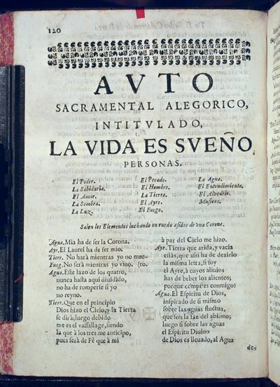 První stránka La Vida es Sueno z Los Autos Sacramentales od Pedra Calderóna de la Barca (1600-81) editoval Juan Garcia Infanzon, 1690 (tištěný papír) od Spanish School